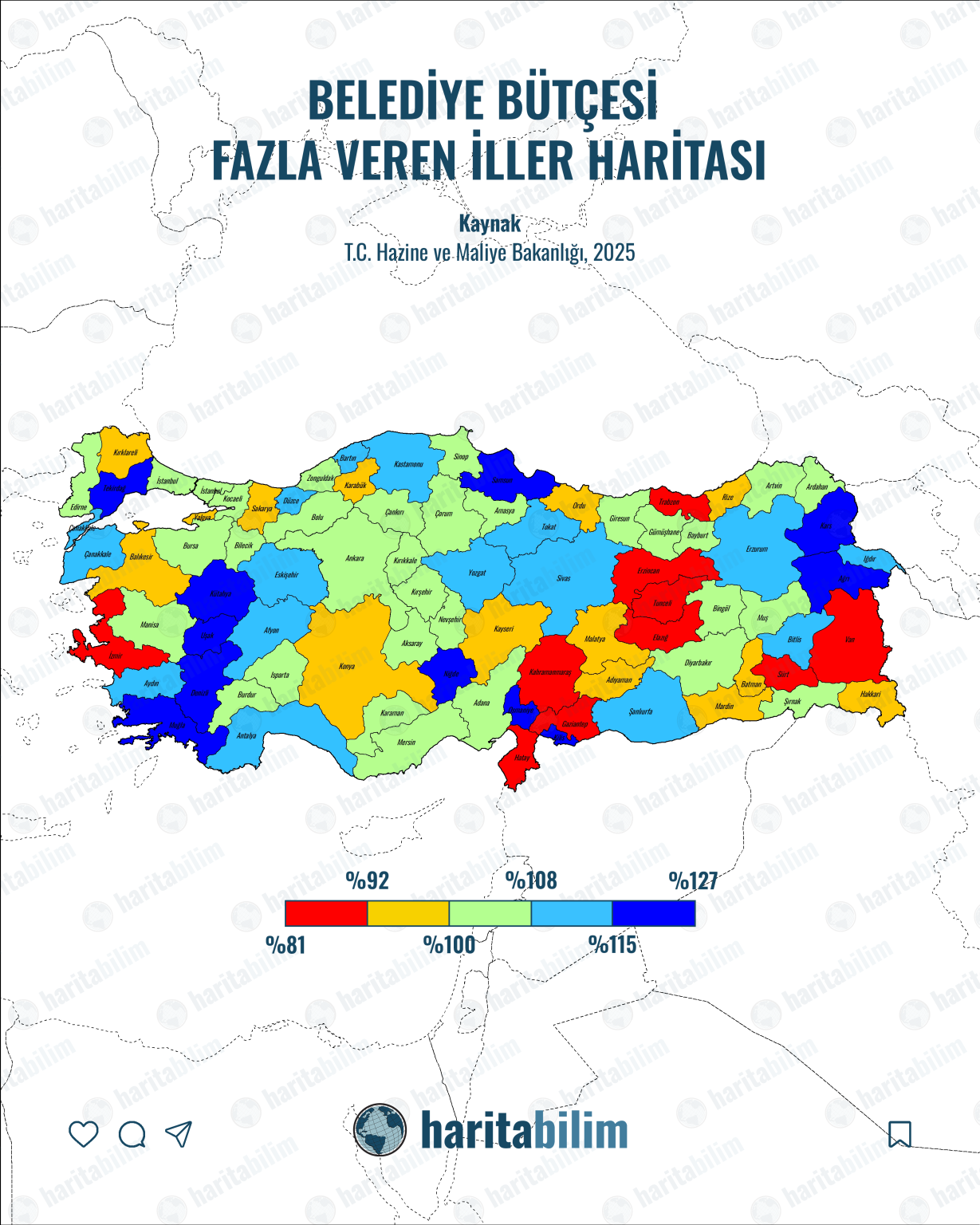 2025 yılı T.C. Hazine ve Maliye Bakanlığı verilerine göre Türkiye'deki belediyelerin bütçe yeterlilik oranlarını gösteren renkli analiz haritası.