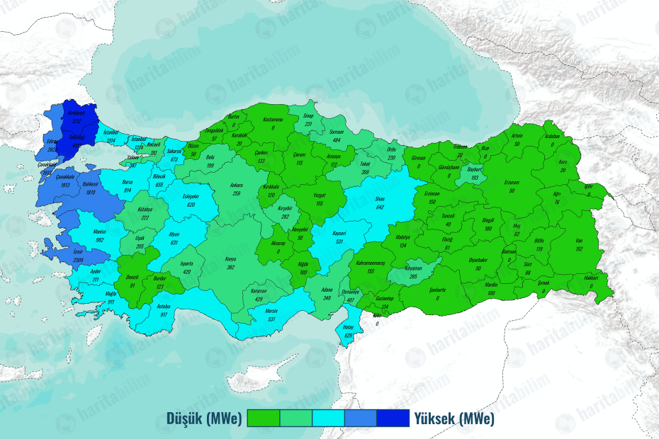 Türkiye geneli illere göre Rüzgar Enerjisi Santrali (RES) enerji üretim kapasitelerini (MWe) gösteren tematik harita.