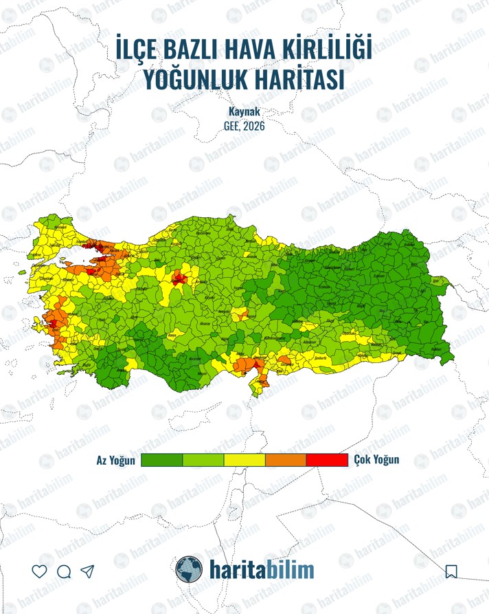Türkiye genelindeki ilçelerin NO2 (azot dioksit) yoğunluğunu yeşil, sarı ve kırmızı renk skalasıyla gösteren ilçe bazlı hava kirliliği haritası.